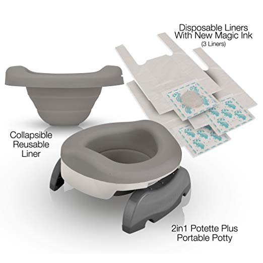 Kalencom Potette Plus Travel Potty White Gray bundle with Collapsible reusable what's included