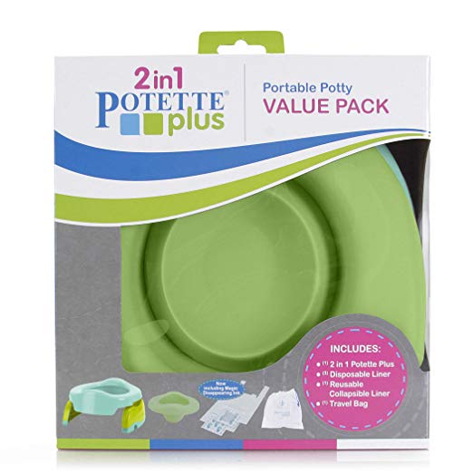 Kalencom Potette Plus Travel Potty Green Teal bundle with Collapsible reusable liner boxed front