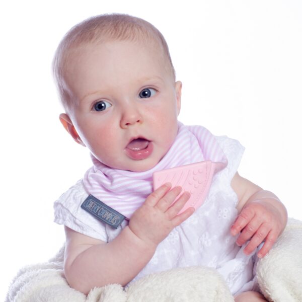 cheeky chompers teething bib cool pink on cute baby
